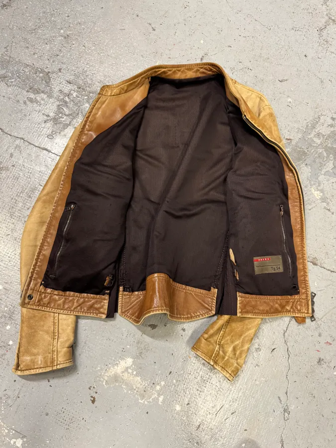 2000s Prada Biker Aged Brown Leather Jacket - Image 9