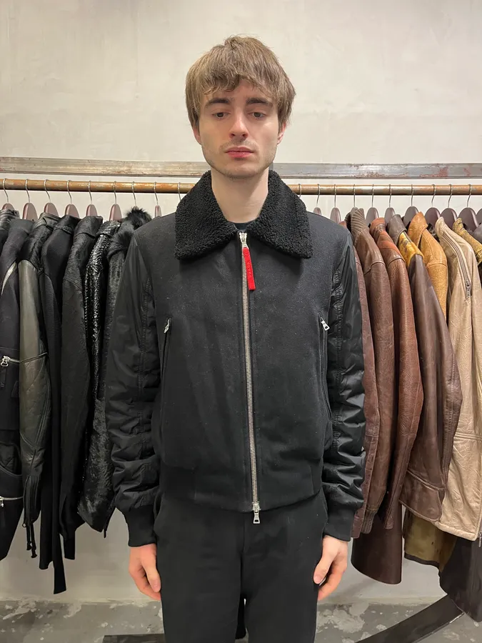 2000s Prada Black Aviator Cozy Bomber Wool Nylon Jacket - Image 2