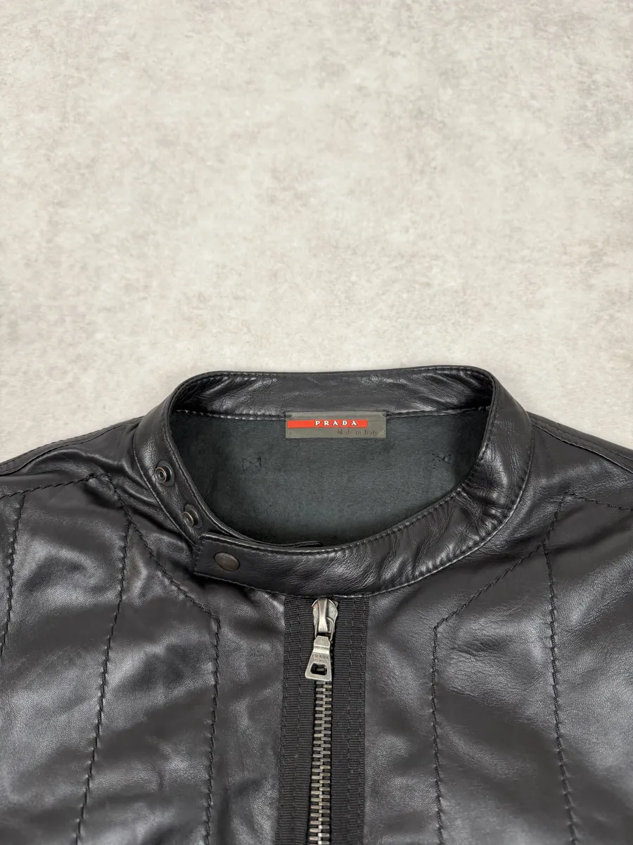 2000s Prada Black Biker Leather Laced Jacket - Image 9