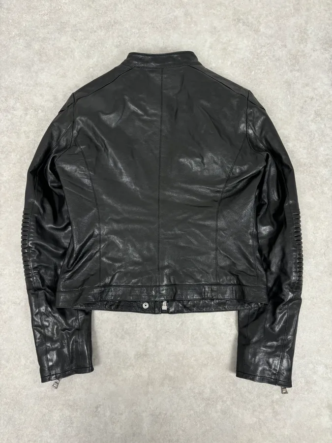 2000s Prada Black Biker Ribbed Sleeves Leather Jacket - Image 5