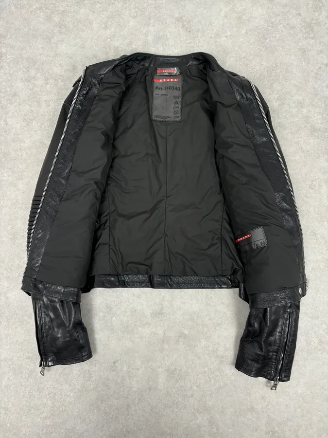 2000s Prada Black Biker Ribbed Sleeves Leather Jacket - Image 7