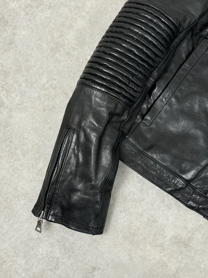 2000s Prada Black Biker Ribbed Sleeves Leather Jacket - Image 8