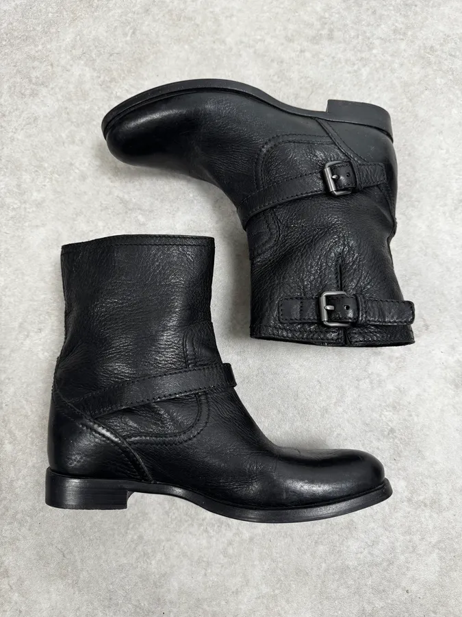 2000s Prada Black Buckle Leather Grained Boots - Image 2