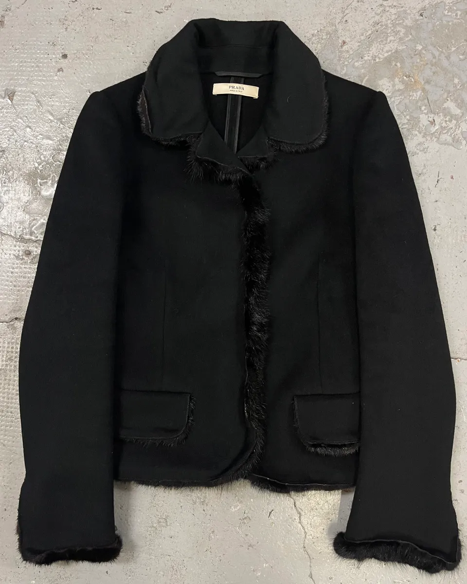 2000s Prada Black Fur Minimalist Blazer Jacket