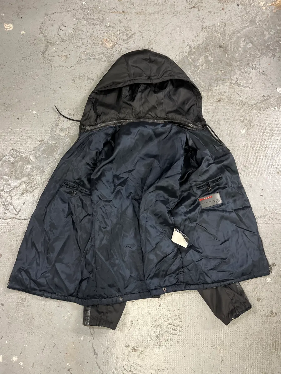 2000s Prada Black Lamb Leather Hooded Nylon Jacket - Image 12
