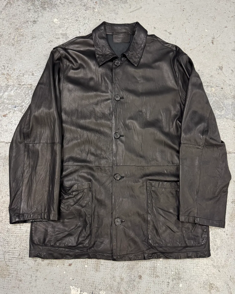 2000s Prada Black Leather Buttoned Minimalist Jacket