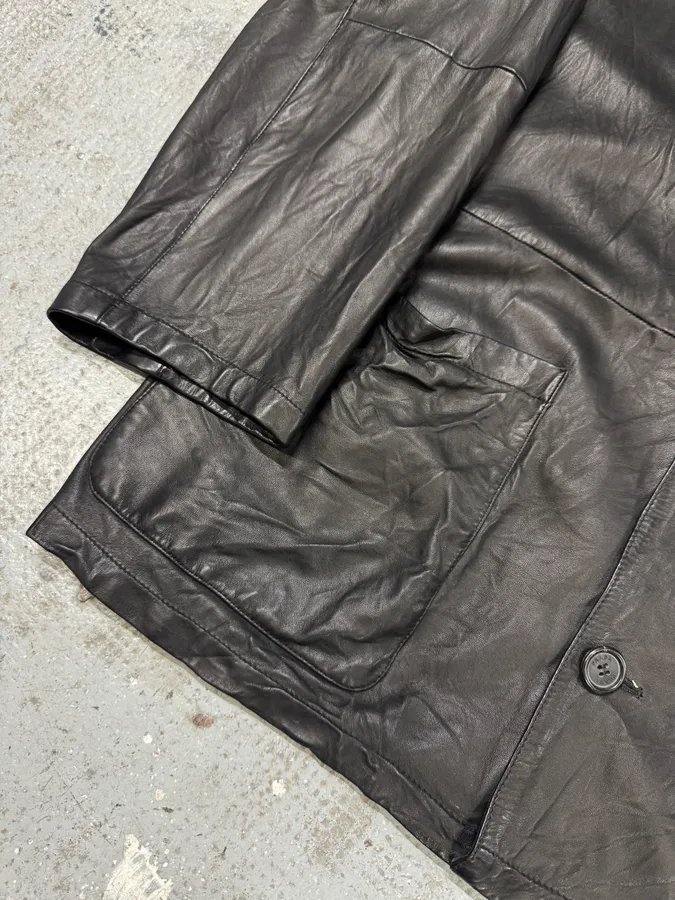 2000s Prada Black Leather Buttoned Minimalist Jacket - Image 10