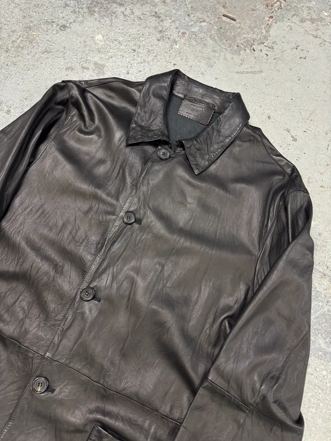 2000s Prada Black Leather Buttoned Minimalist Jacket - Image 2