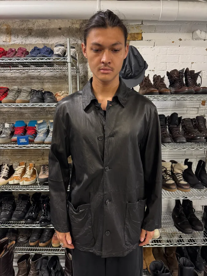 2000s Prada Black Leather Buttoned Minimalist Jacket - Image 3