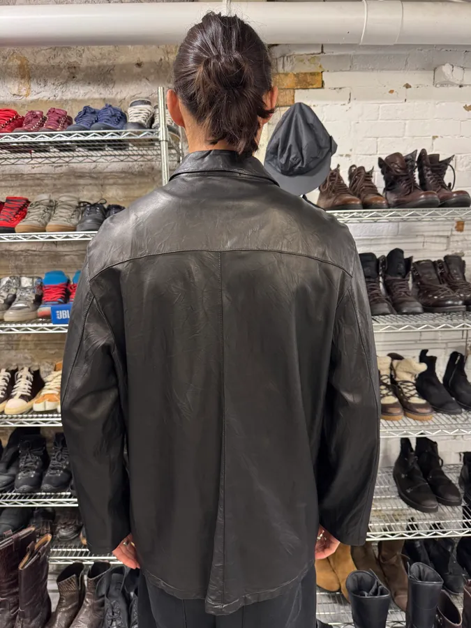 2000s Prada Black Leather Buttoned Minimalist Jacket - Image 4