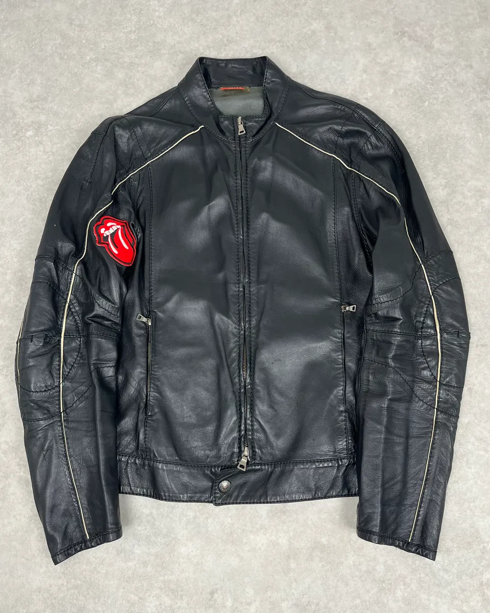 2000s Prada Black Leather Lips Biker Jacket