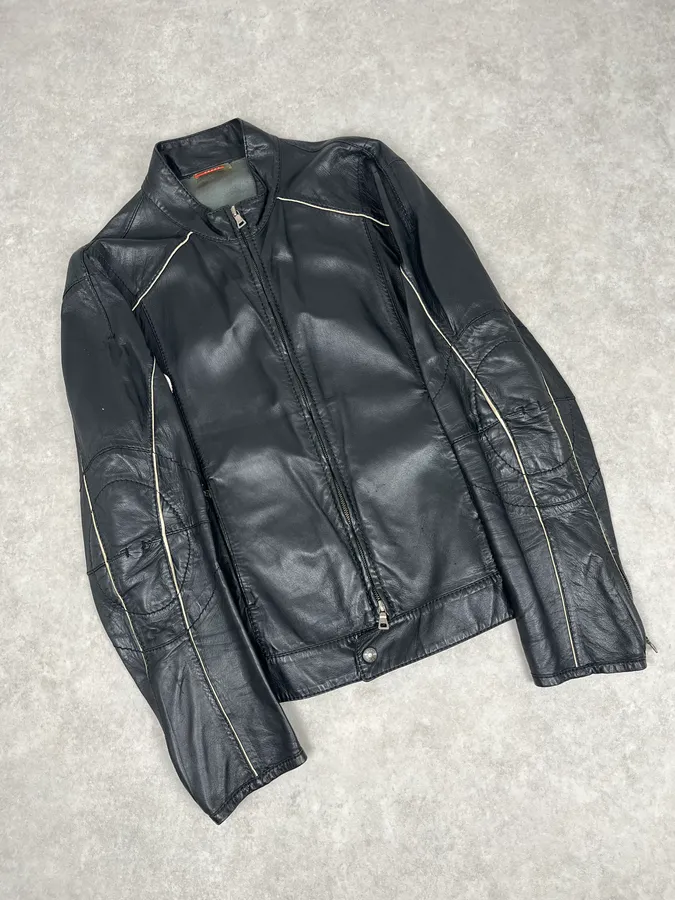 2000s Prada Black Leather Lips Biker Jacket - Image 5