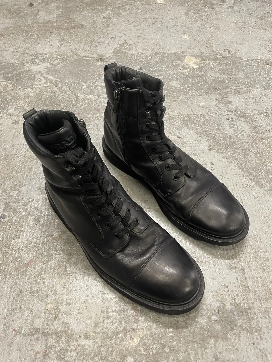 2000s Prada Black Leather Minimalist Combat Boots - Image 4