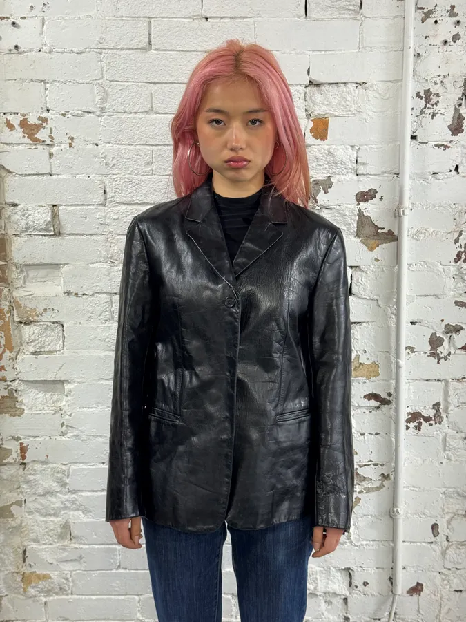 2000s Prada Black Minimalist Leather Blazer Jacket - Image 2