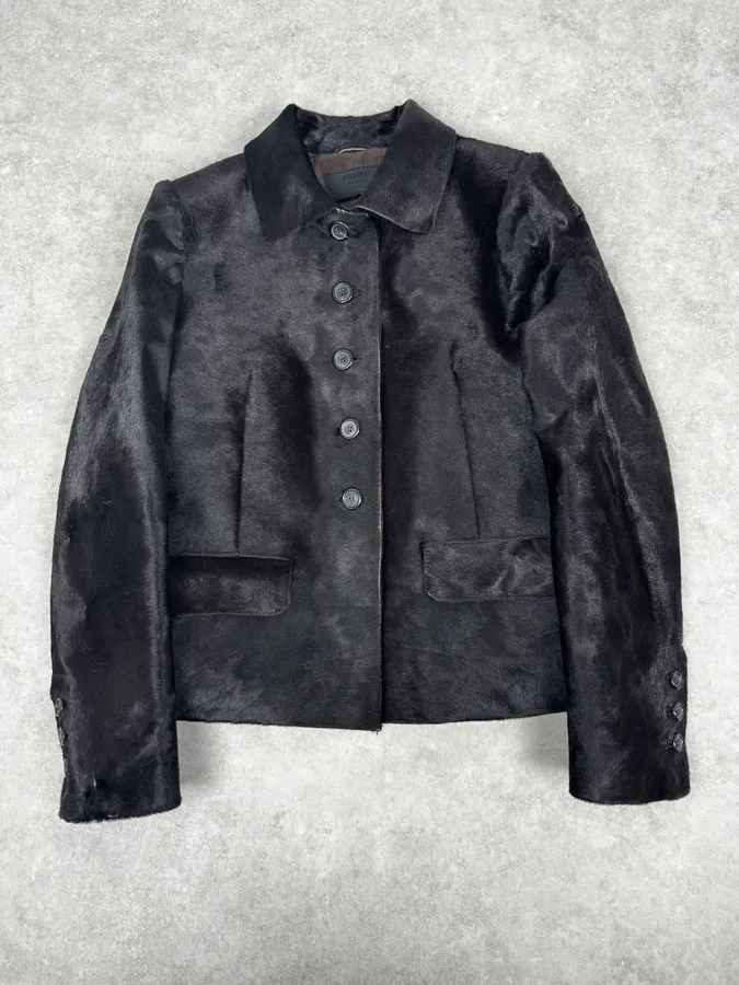 2000s Prada Black Pony Hair Leather Jacket
