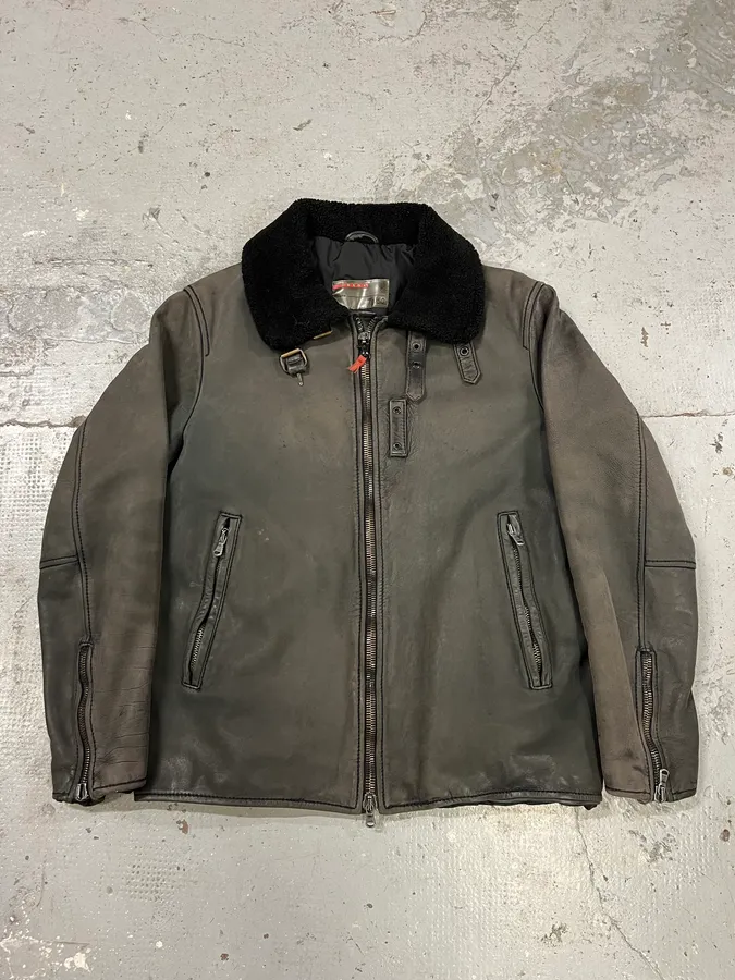 2000s Prada Black Shearling Mafia Leather Jacket