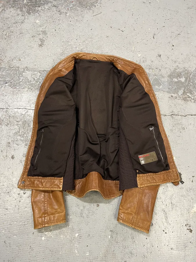 2000s Prada Brown Aged Leather Biker Jacket - Image 11