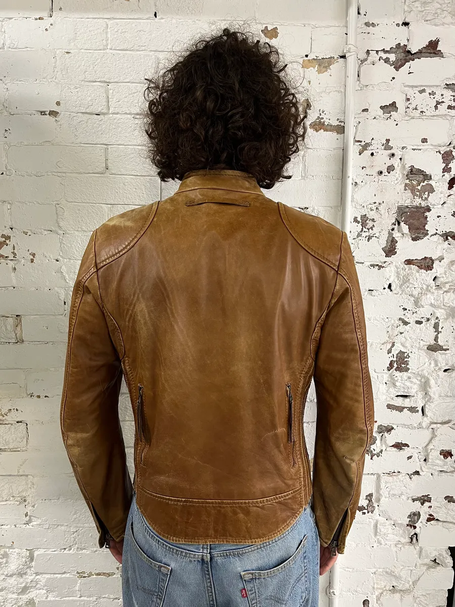 2000s Prada Brown Aged Leather Biker Jacket - Image 3