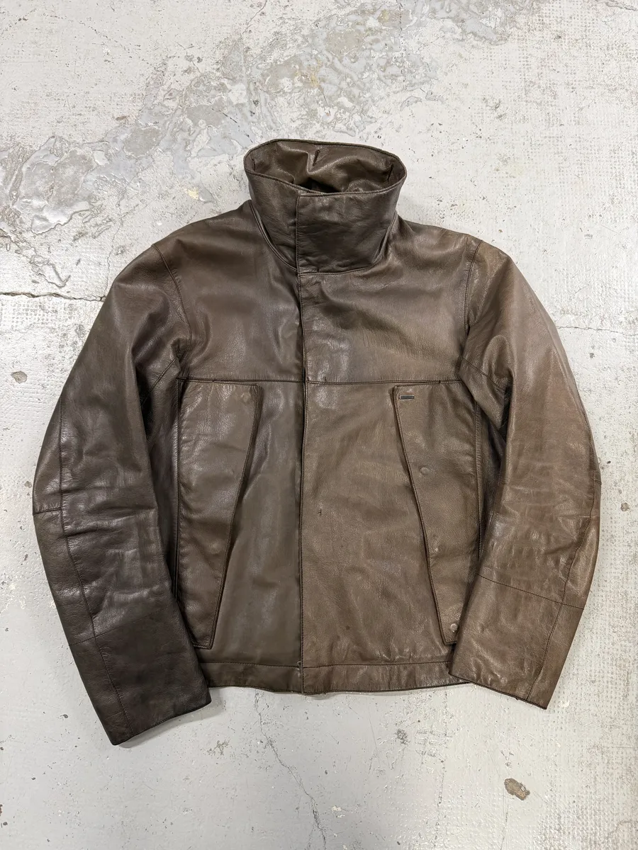2000s Prada Brown Avant-Garde Biker Leather Jacket - Image 2