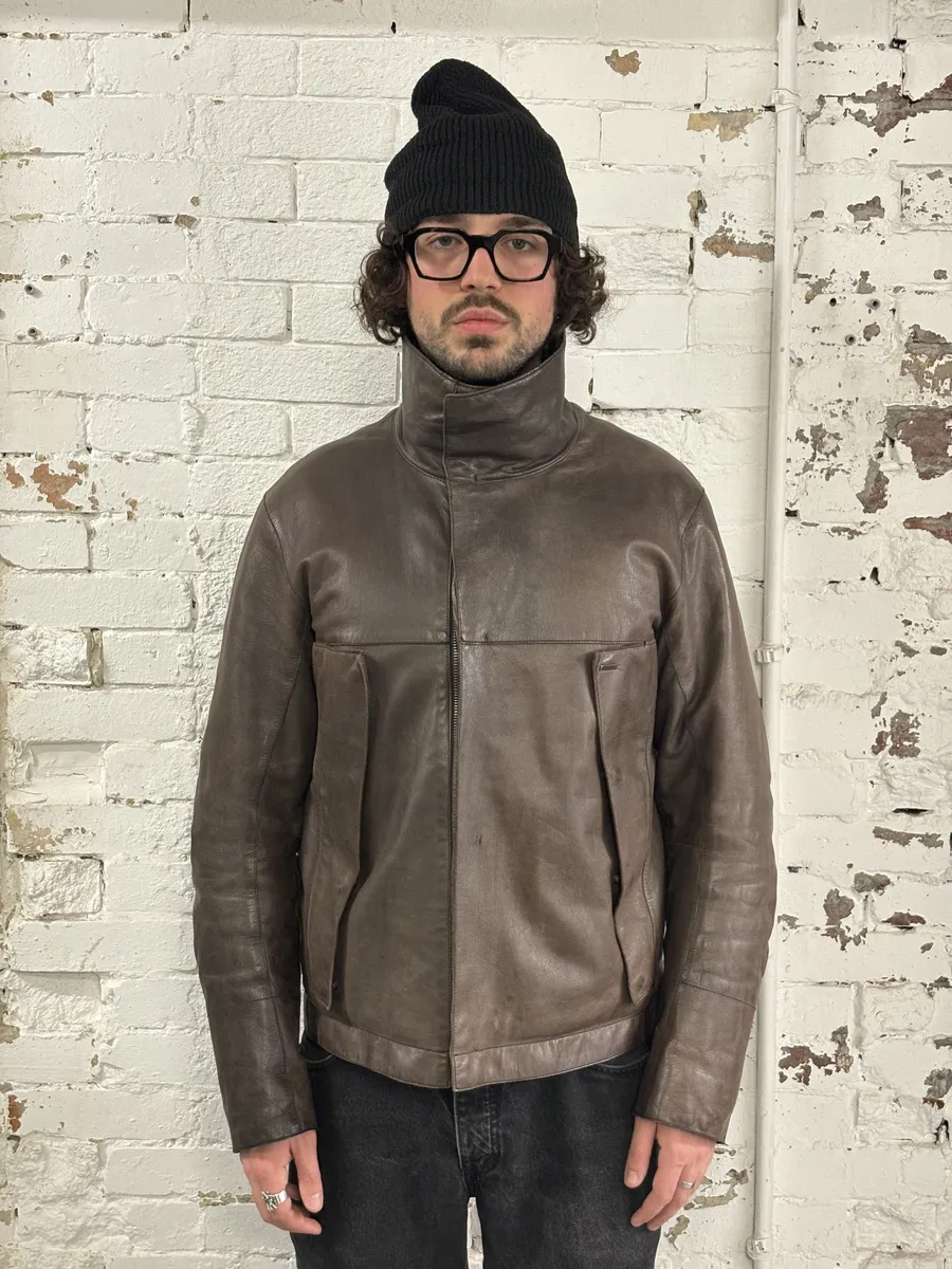 2000s Prada Brown Avant-Garde Biker Leather Jacket - Image 3