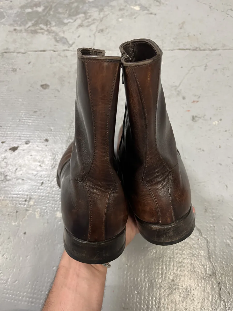 2000s Prada Brown Eroded Ankle Leather Boots - Image 3