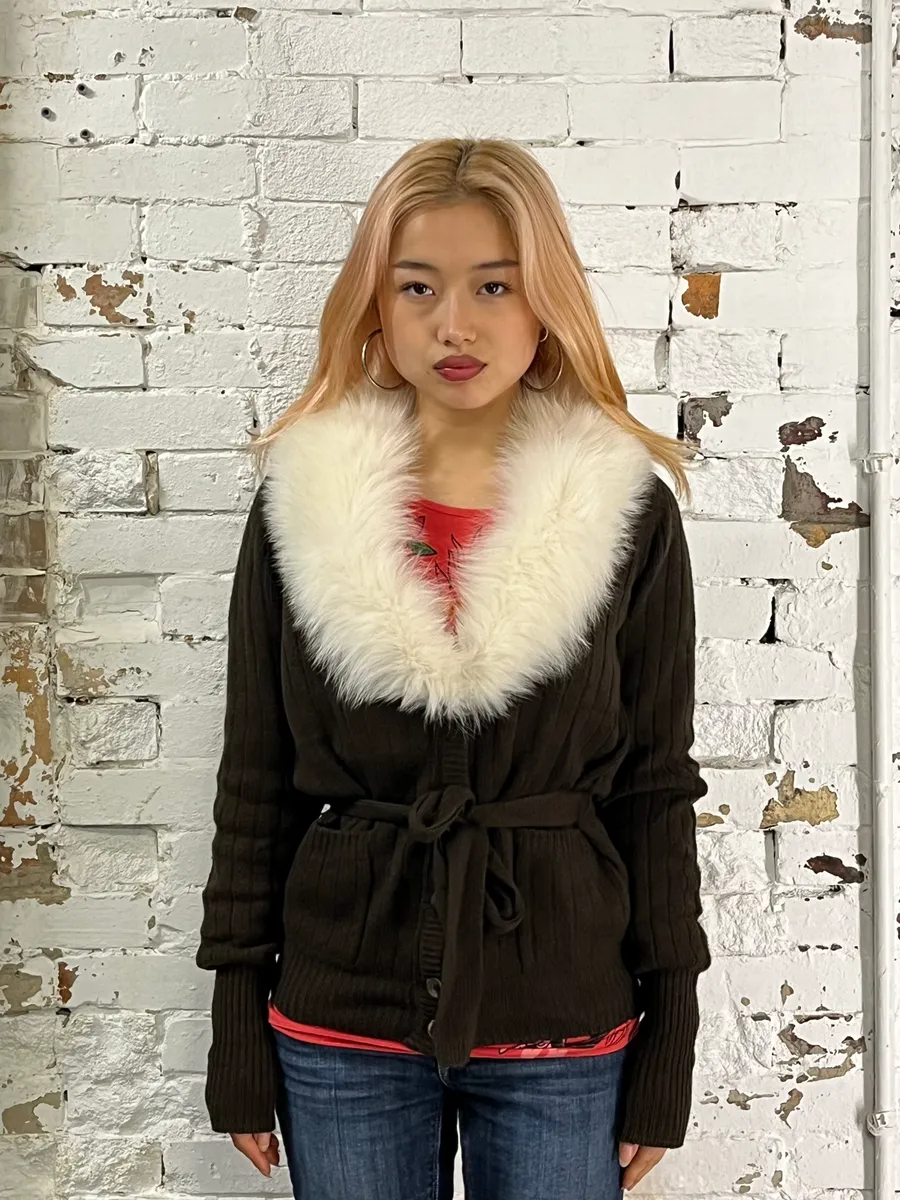 2000s Prada Brown Fur Collar Cardigan Sweater