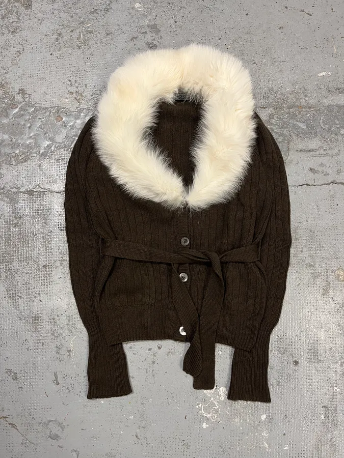 2000s Prada Brown Fur Collar Cardigan Sweater - Image 2