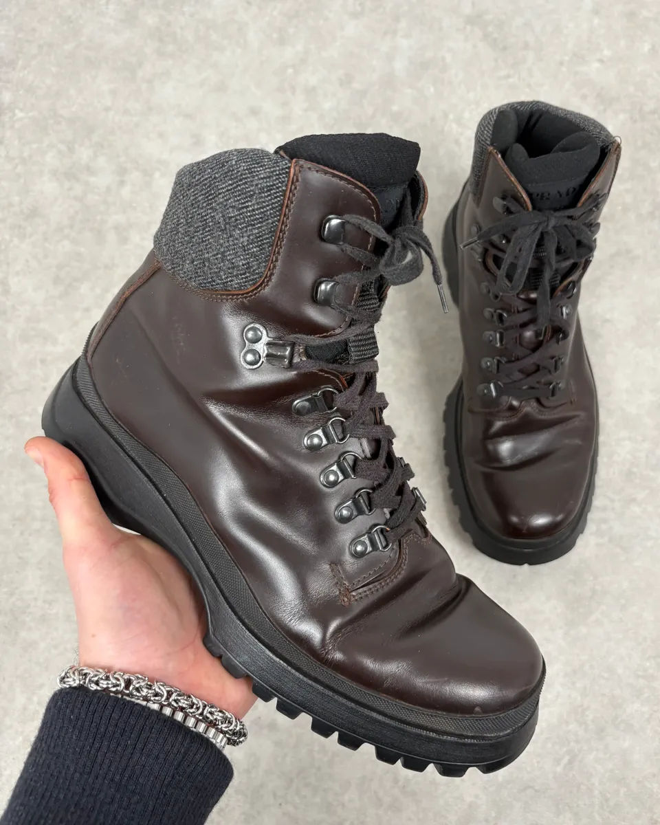 2000s Prada Brown High Leather Chunky Vibram Sole Boots