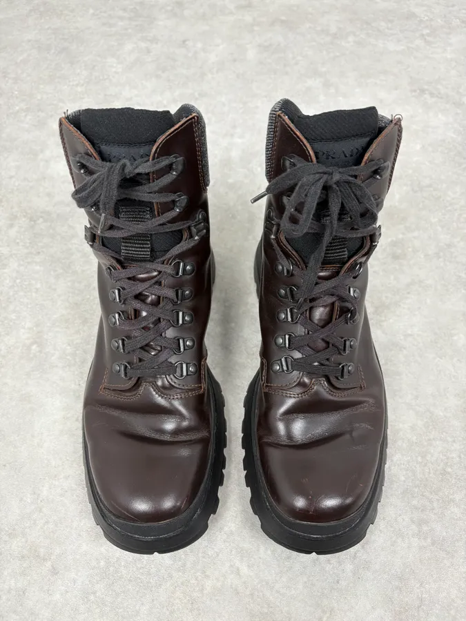 2000s Prada Brown High Leather Chunky Vibram Sole Boots - Image 2