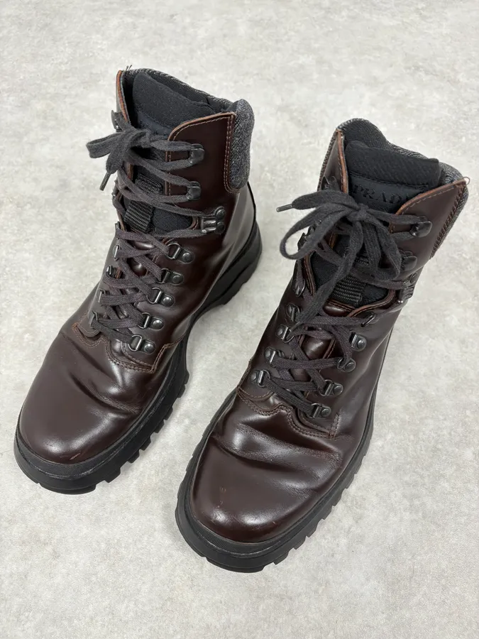 2000s Prada Brown High Leather Chunky Vibram Sole Boots - Image 3