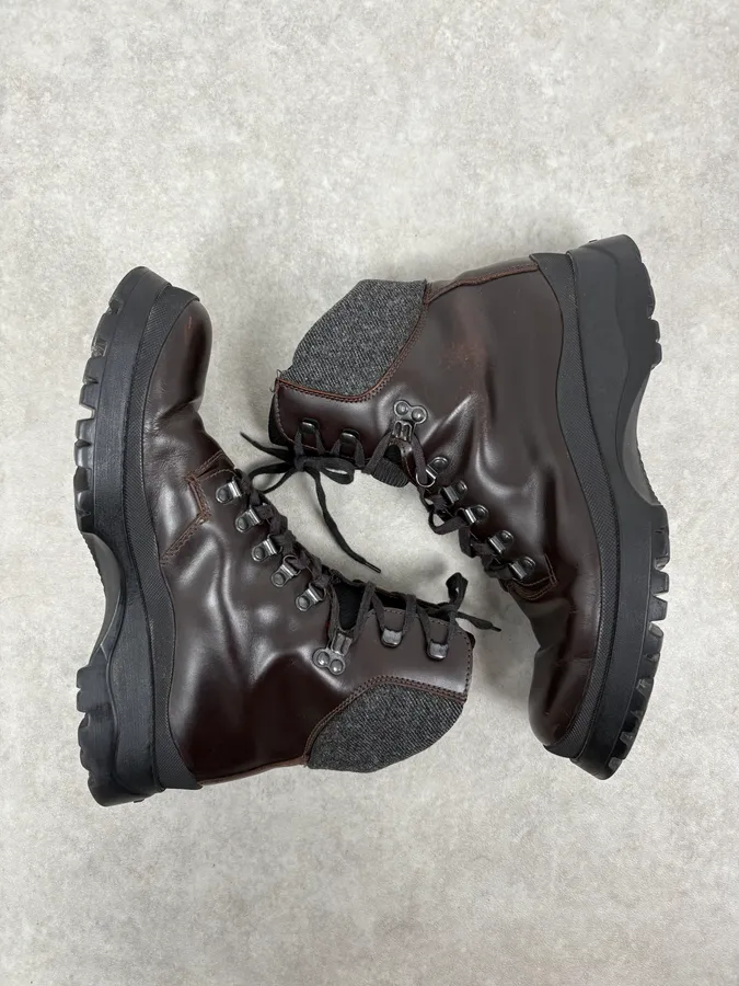 2000s Prada Brown High Leather Chunky Vibram Sole Boots - Image 4