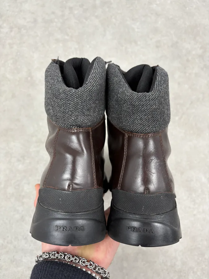 2000s Prada Brown High Leather Chunky Vibram Sole Boots - Image 5