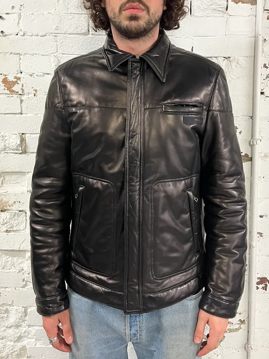 2000s Prada Brown Leather Bomber Jacket - Image 2