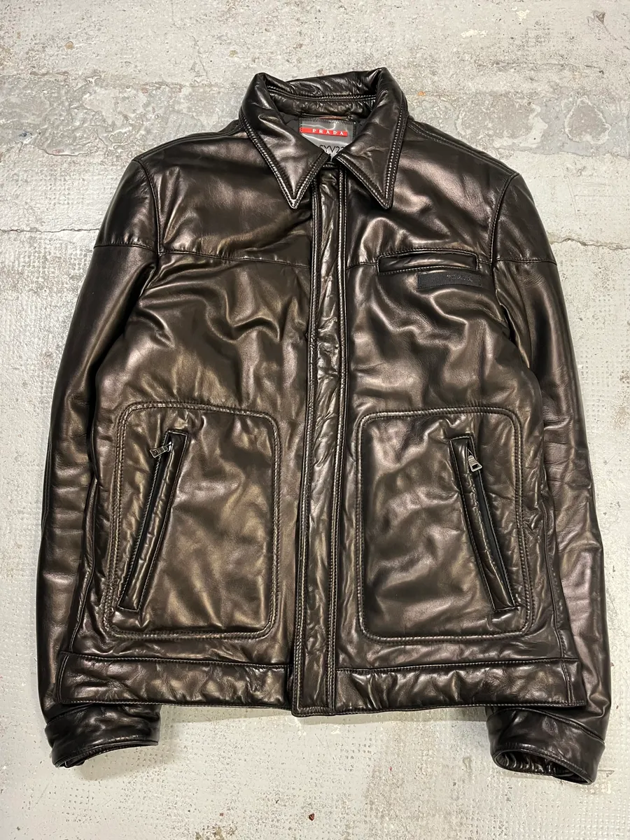 2000s Prada Brown Leather Bomber Jacket - Image 4
