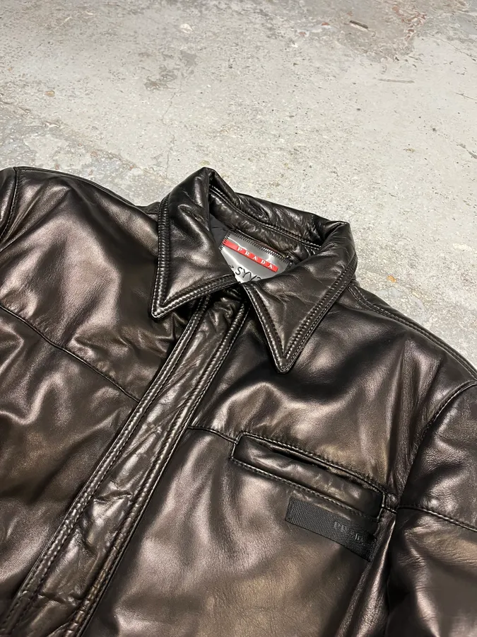 2000s Prada Brown Leather Bomber Jacket - Image 5