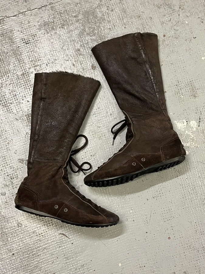 2000s Prada Brown Suede Ankle Boxing Leather Boots