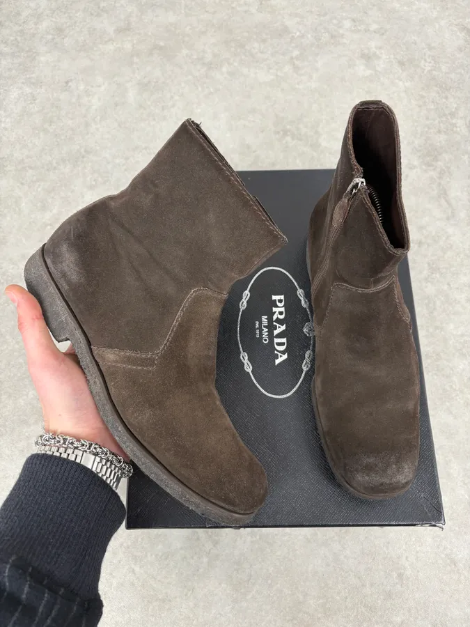 2000s Prada Brown Suede Eroded Leather Boots
