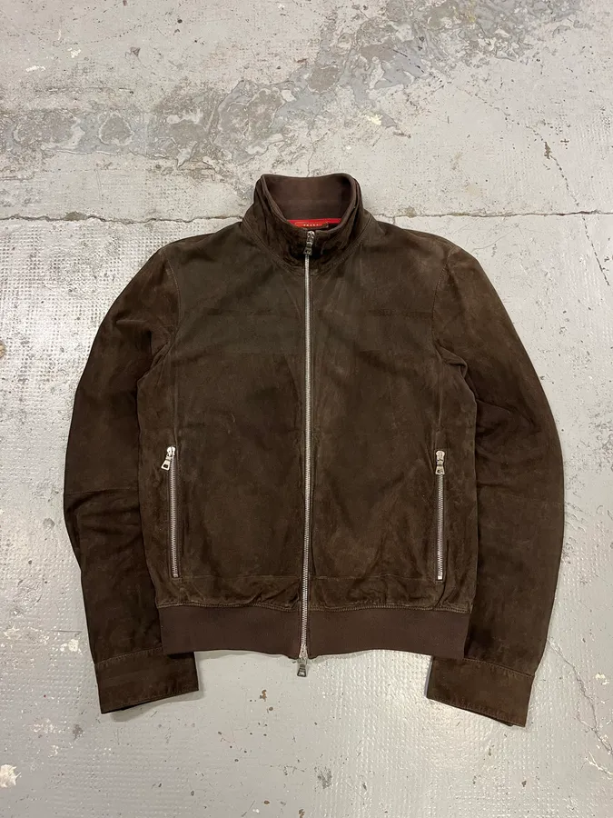 2000s Prada Brown Suede Leather Zip-up Jacket