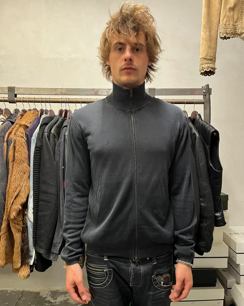 2000s Prada Dark Grey Faded Zip-up Sweater - Image 2