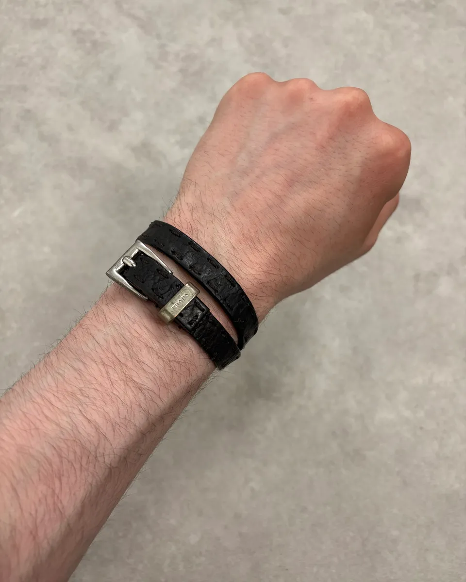 2000s Prada Double Wrap Dark Leather Bracelet