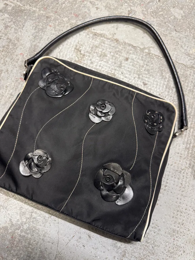 2000s Prada Embellished Flowers Black Handle Bag - Image 4
