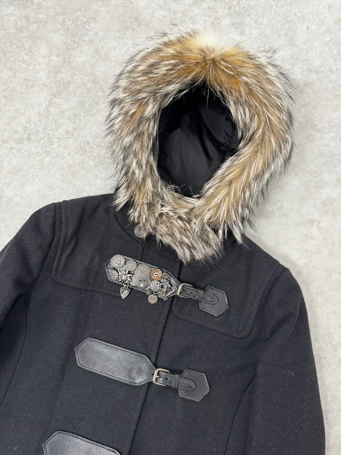 2000s Prada Fur Hooded Pins Straps Wool Long Jacket - Image 6