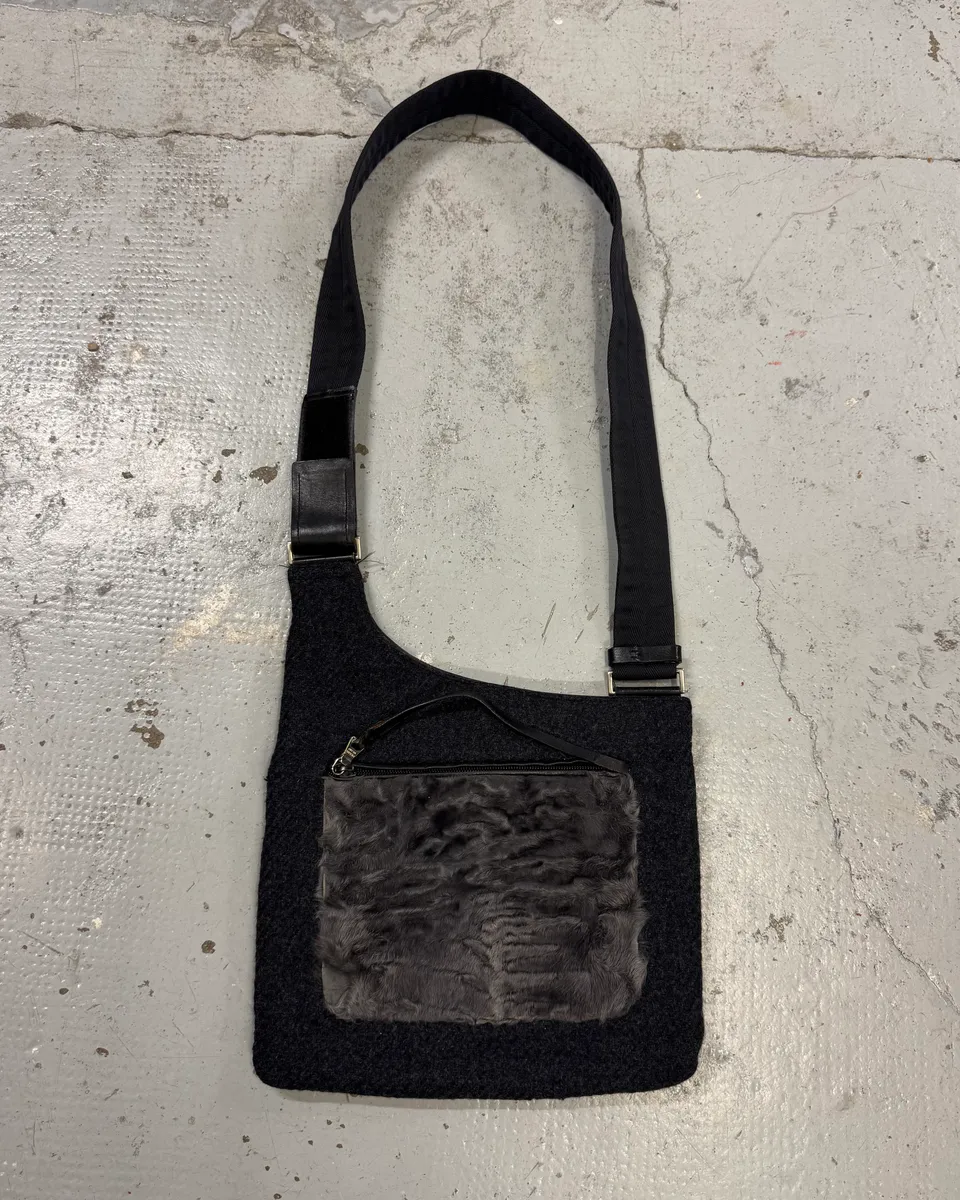 2000s Prada Grey Wool & Fur Cross Body Shoulder Bag