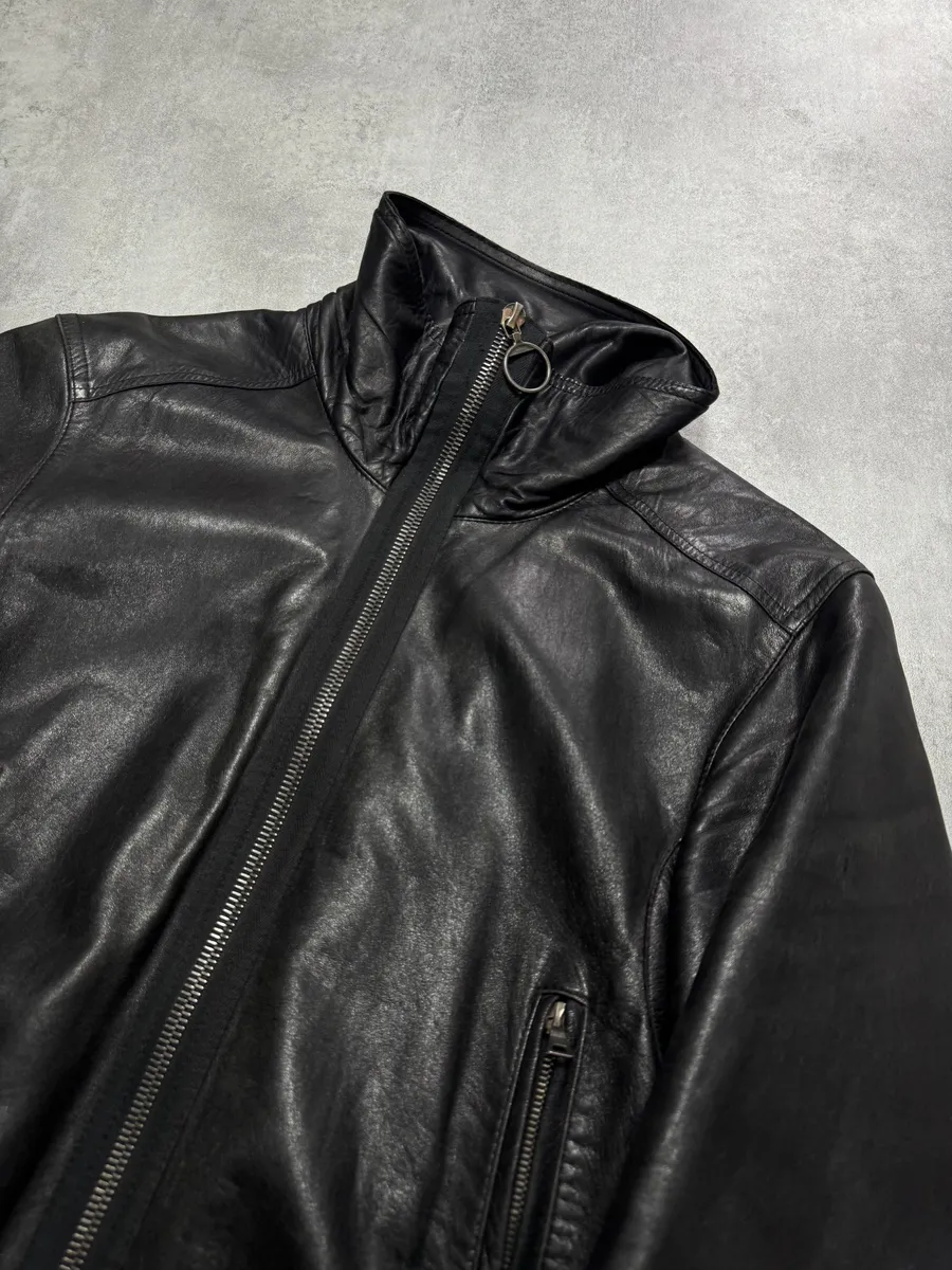 2000s Prada High Collar Black Leather Jacket - Image 13