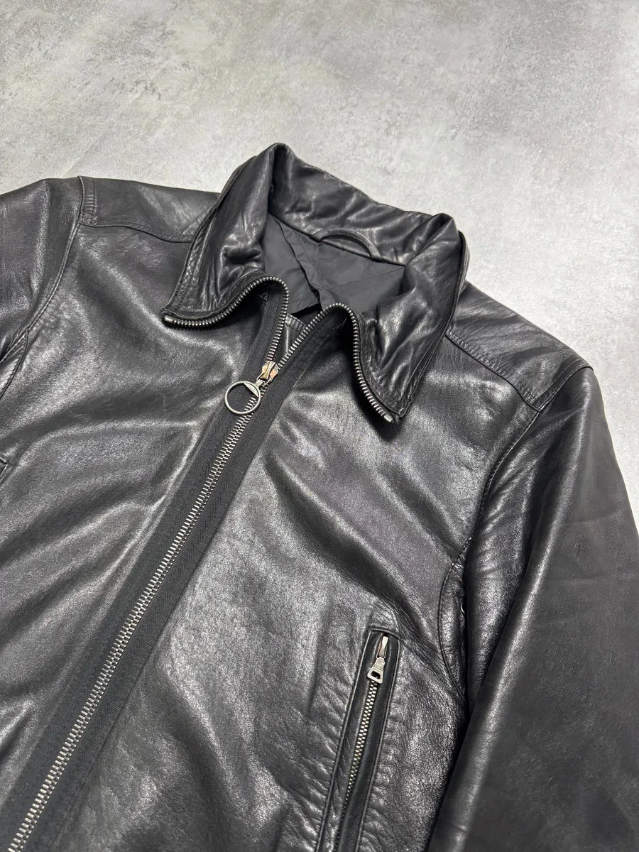 2000s Prada High Collar Black Leather Jacket - Image 2