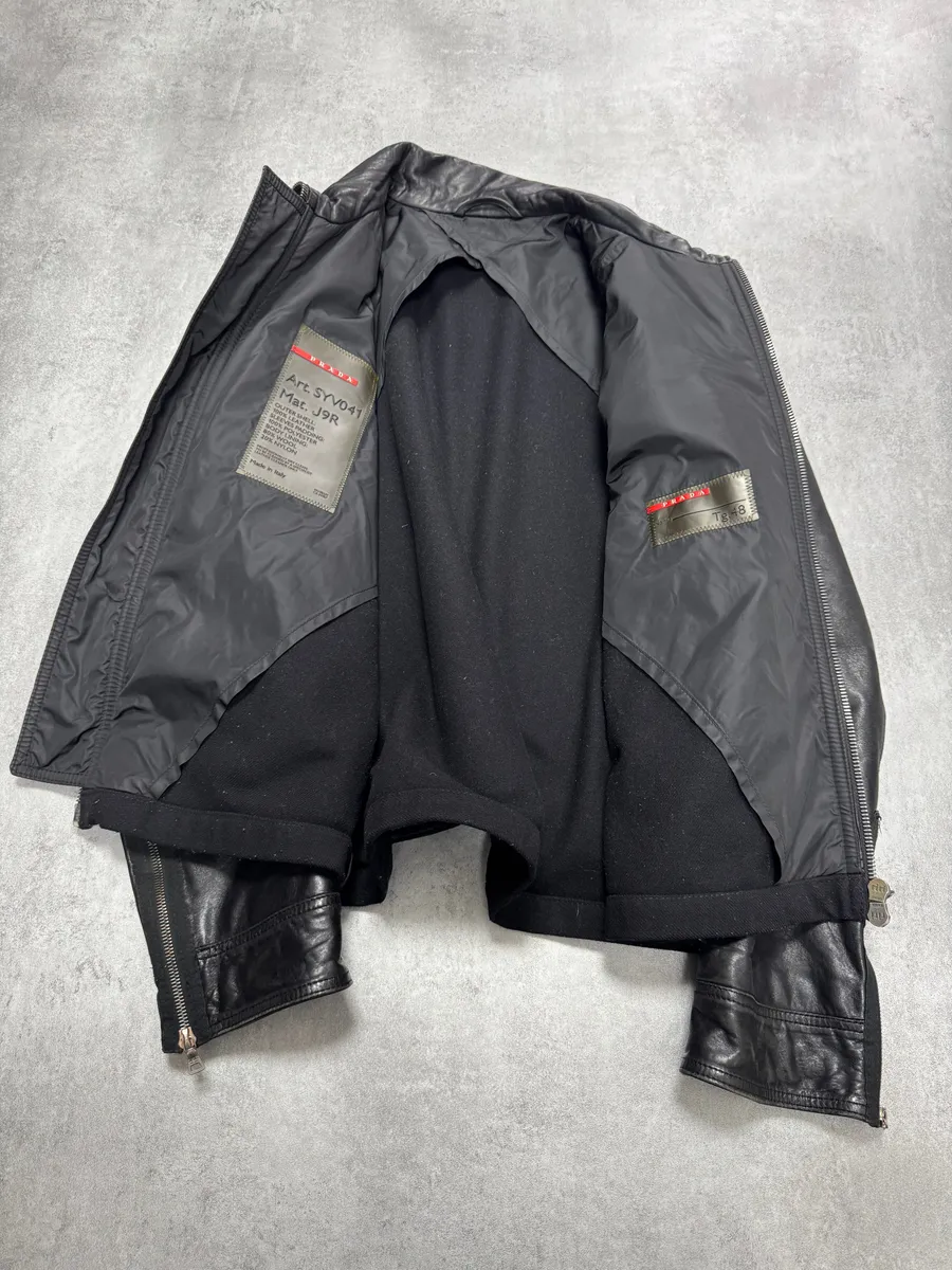 2000s Prada High Collar Black Leather Jacket - Image 4