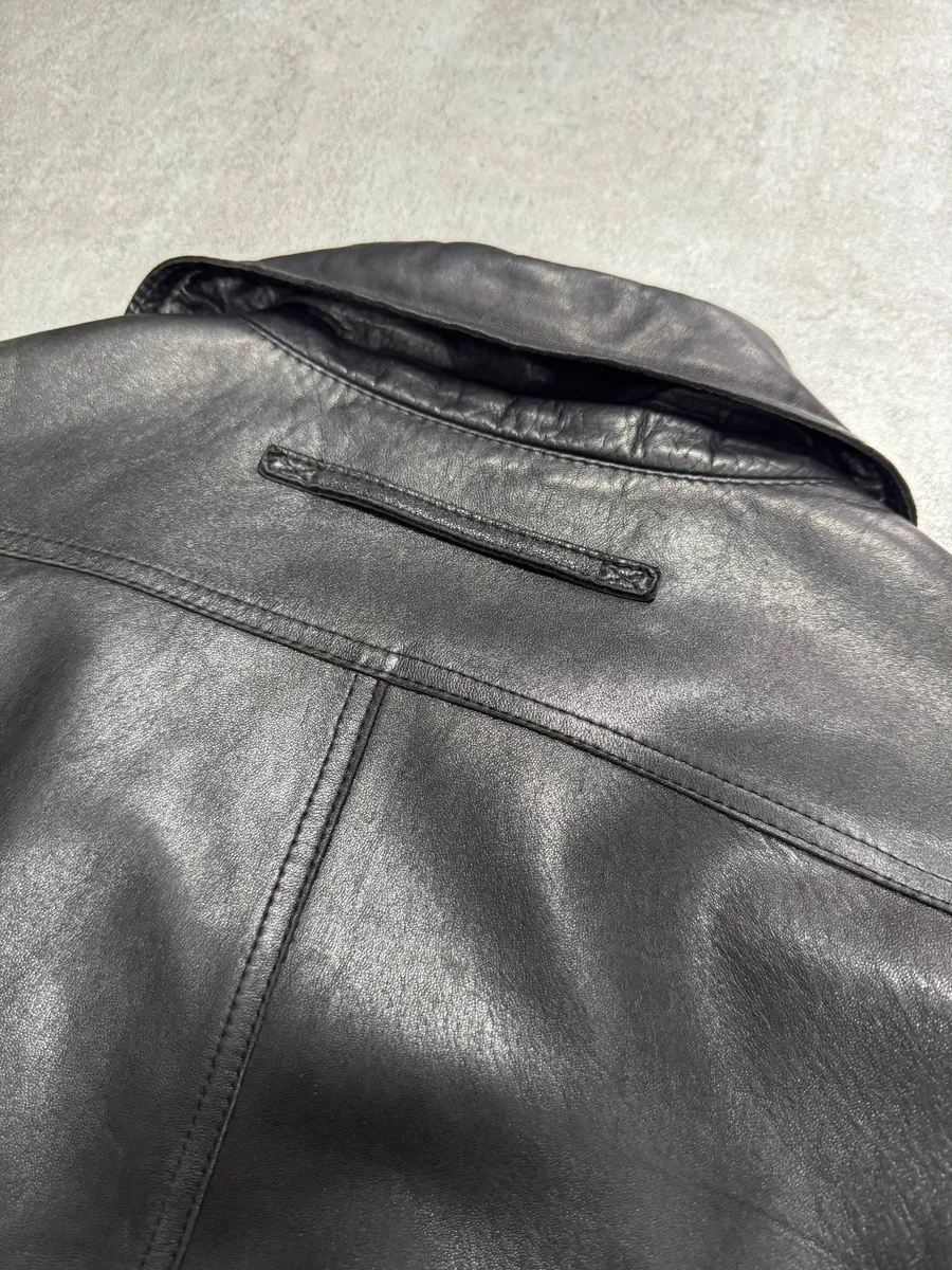 2000s Prada High Collar Black Leather Jacket - Image 5