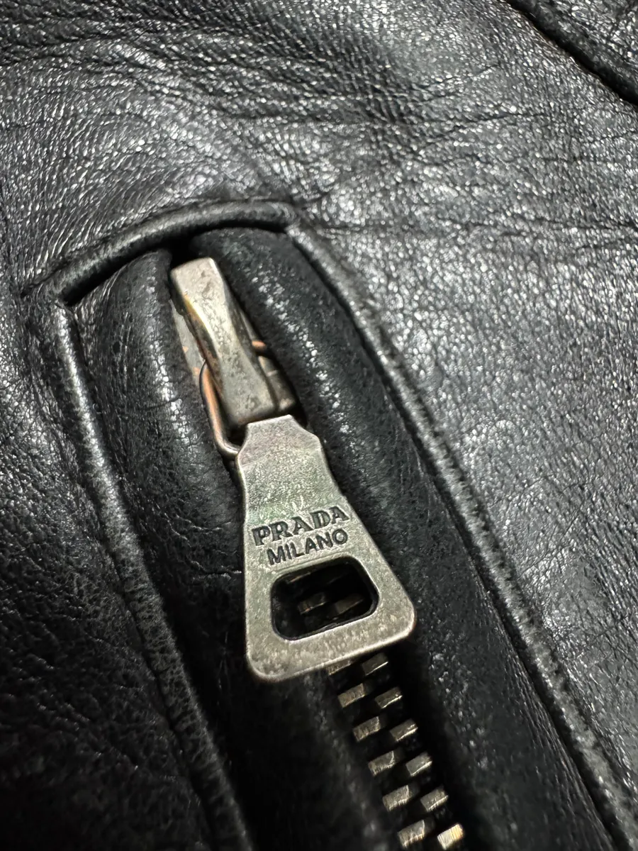 2000s Prada High Collar Black Leather Jacket - Image 8