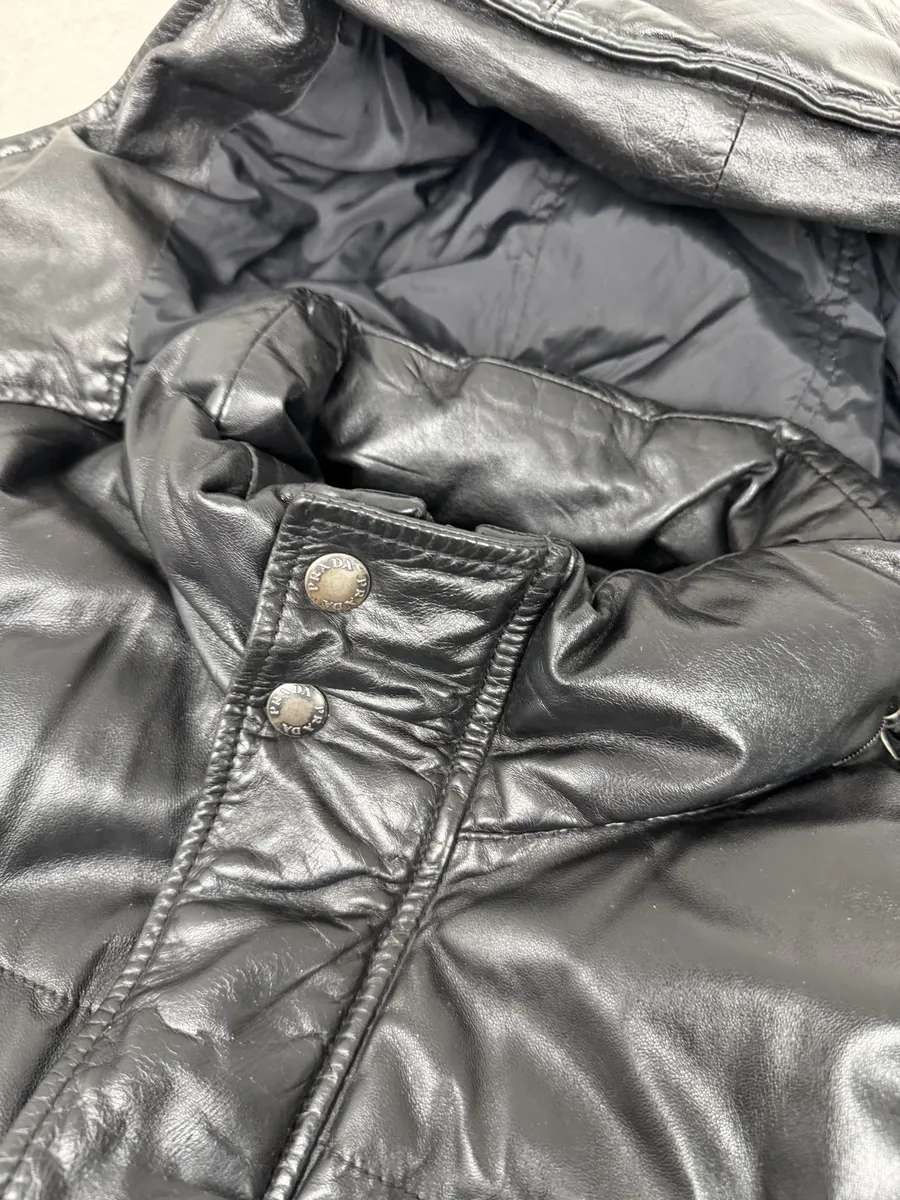 2000s Prada Hooded Black Leather Bomber Puffer Jacket - Image 11