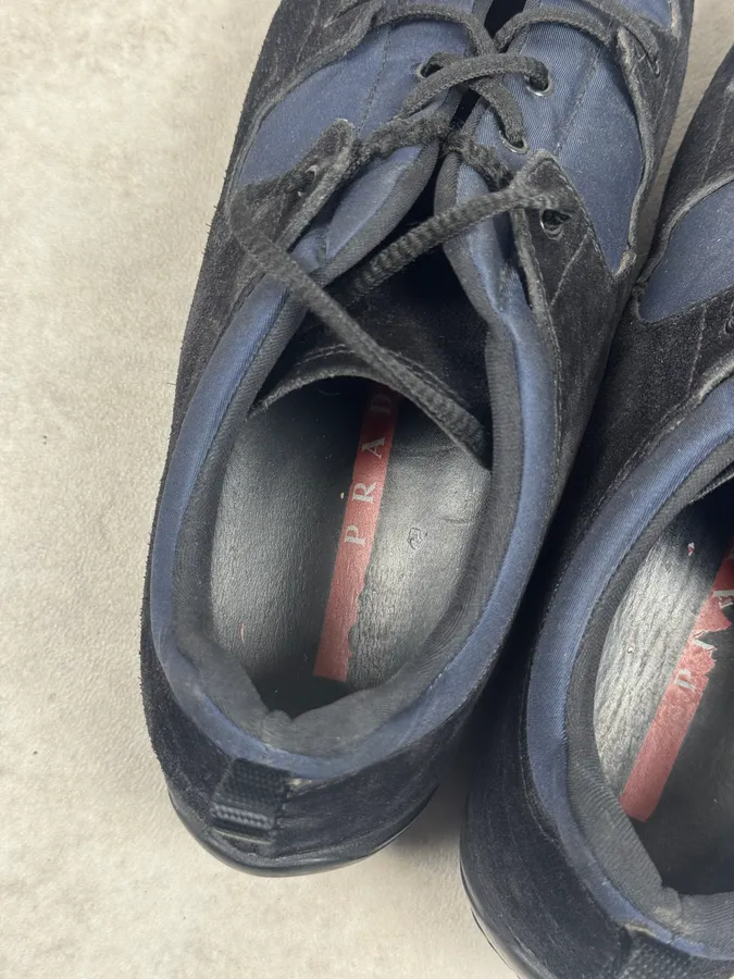 2000s Prada Hybird Black & Navy Nylon Leather Sneakers - Image 6